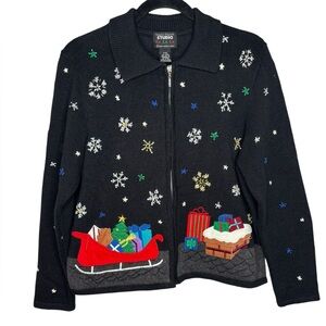 VTG Designers Studio Christmas Zip Cardigan Sweater Beaded Embroidered Santa P/M